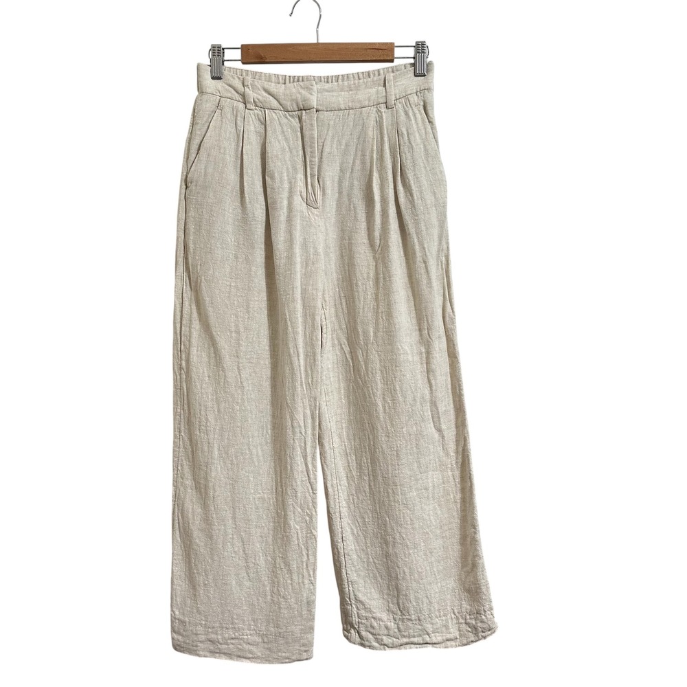 Abercrombie & Fitch Wide Leg Pleated Pants Women 4S Oatmeal Linen Blend Rise